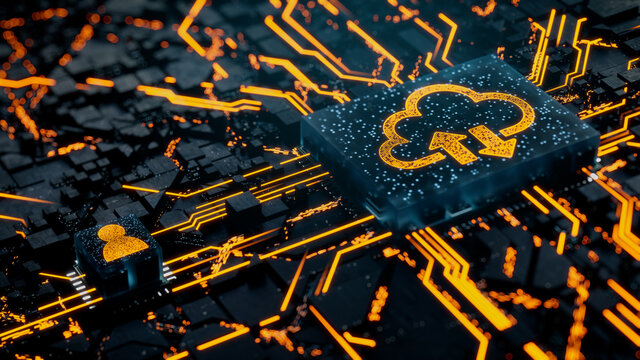 Data storage Technology Concept with cloud symbol on a Microchip. Orange Neon Data flows between the CPU and the User across a Futuristic Motherboard. 3D render.
