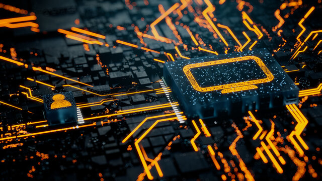 Display Technology Concept with Monitor symbol on a Microchip. Orange Neon Data flows between the CPU and the User across a Futuristic Motherboard. 3D render.
