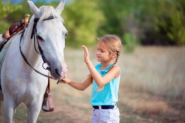 Obraz premium The girl is stroking a white pony. The child communicates with the horse