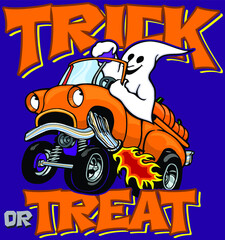 Obraz na płótnie Canvas cartoon ghost driving a classic truck | trick or treat | halloween monster
