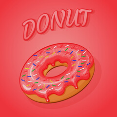 Donut with pink icing, colored sprinkles and powdered sugar on top with lettering on pink background
