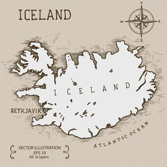 Vintage Map of Iceland. Hand drawn vector illustration.