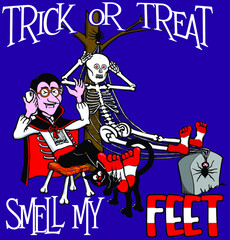 funny dracula and skeleton cartoon | trick or treat| smell my feet | halloween design