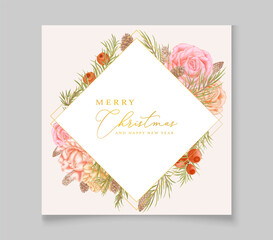 Hand drawn christmas card with floral frame
