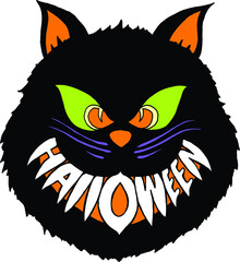 halloween black cat bearing teeth | retro halloween design