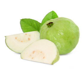 Guava fruit with leaf isolated on white background.