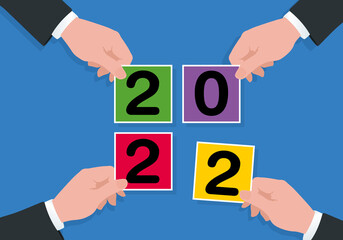 Carte de vœux sous le signe du partenariat et de l’union des compétences, avec le symbole de 4 mains tenant des carrés de couleurs pour former le chiffre 2022.
