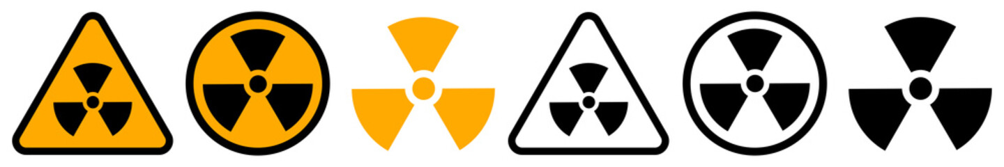 Set of radiation hazard signs. Radiation, round and triangular signs. Radioactive threat alert. Radiation area. Vector. - obrazy, fototapety, plakaty
