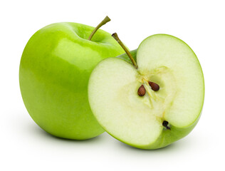 fresh green apple fruit and halves isolated on white background.