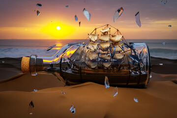 A ship in a bottle with its sails breaking the glass, Does not work concept. 3D Illustration