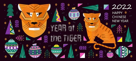 Happy Chinese Tiger New Year 2022 banner vector. Geometrical trees, fir, christmas tree toy.