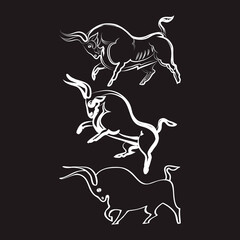 Three white bulls on black background. Hand-drawn bulls. Angry animals in different poses. Side view. Stylized buffaloes. Taurus animal symbol. American bison isolated. Wisents vector illustration. 