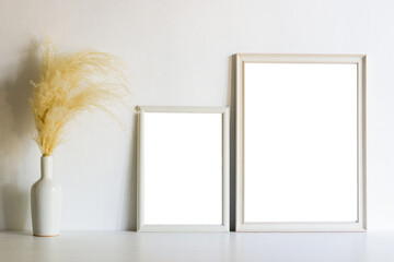 An empty white frame with organic flower with nature light. 