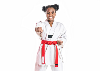 Young black belt karate fighter training Isolated portrait on white background © Louis-Paul Photo