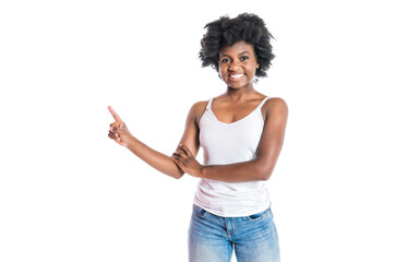 Young black African teen Isolated On White Background pointing something