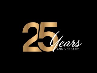 25 years anniversary gold text on black background. 25 years anniversary stylish card. 