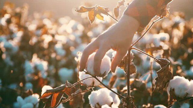 Blooming cotton field, evaluates crop, before harvest, under a golden sunset. Slow motion