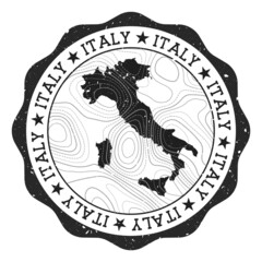 Italy outdoor stamp. Round sticker with map of country with topographic isolines. Vector illustration. Can be used as insignia, logotype, label, sticker or badge of the Italy.