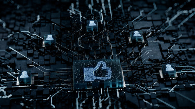 Social Media Technology Concept with like symbol on a Microchip. White Neon Data flows between Users and the CPU across a Futuristic Motherboard. 3D render.