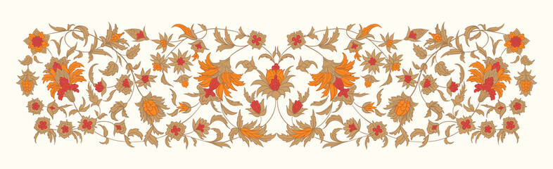 Vintage vector print. Floral ornament with golden swirls. Flower classic decorative element. - 461720851