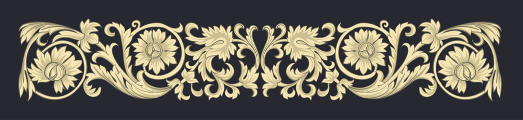 Vintage design elements with golden swirls on a black background. Vector print. Classic decorative print. - 461720857