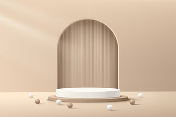 Abstract 3D beige cylinder pedestal podium with arch window and curtain inside. Luxury brown minimal wall scene for cosmetic product display presentation. Vector geometric rendering platform design.