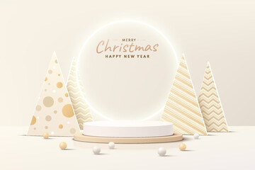 Abstract realistic 3D brown, gold cylinder pedestal podium with Luxury christmas tree and ball. Merry christmas and happy new year scene for product display presentation. Vector rendering platform.