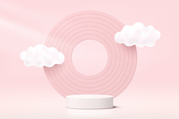 Abstract realistic White 3D cylinder pedestal podium with cloud flying and circle backdrop. Pastel pink minimal wall scene for product display presentation. Vector geometric rendering platform design.