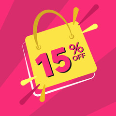 15 percent discount. Pink banner with floating bag for promotions and offers