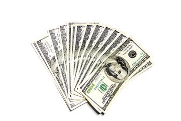 Background with money American hundred dollar bills. Cash. Close-up with selective focus. View from above.