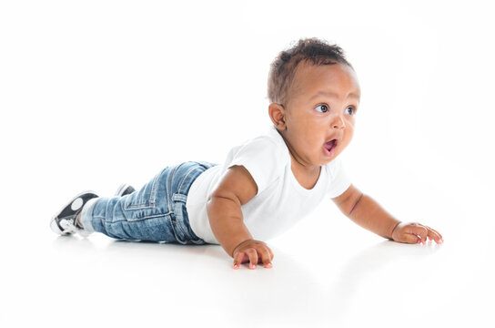 five month old African American baby boy on studio white