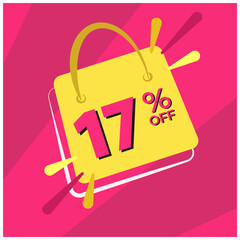 17 percent discount. Pink banner with floating bag for promotions and offers