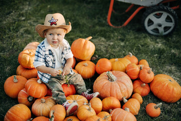 A charming baby in a cowboy hat is sitting on a large pile of pumpkins on the eve of Halloween....