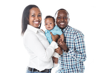 Young African American family in the studio with baby toddler son