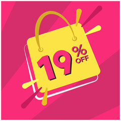 19 percent discount. Pink banner with floating bag for promotions and offers