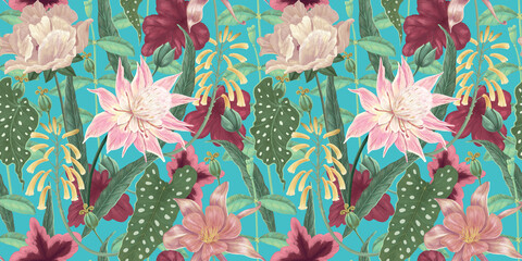 Exotic tropical seamless pattern. Colorful flowers, buds, leaves. Hand-drawn 3D illustration. Floral bright turquoise background design. Perfect for paper, wallpaper, textiles, goods