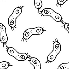 A pattern of doodle bacteria.Seamless pattern of a hand-drawn doodle-style viral bacterium with a black outline on white.MICROBE isolated oval irregular shape with a texture of dots and circles and sh