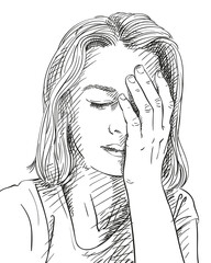 Sketch of sad and tired young woman, Hand drawn vector illustration