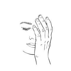 Sketch of sad and tired young woman face closed with hand, Hand drawn vector linear illustration