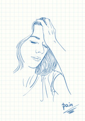 Tired young woman has headache, Blue pen sketch on square grid diary page, Hand drawn vector linear illustration