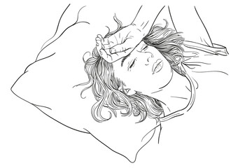 Sketch of tired young woman sleeping in bed, Hand drawn vector linear illustration