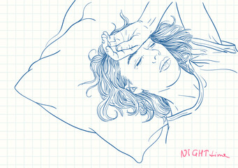 Tired young woman sleeping in bed, Blue pen sketch on square grid diary page, Hand drawn vector linear illustration