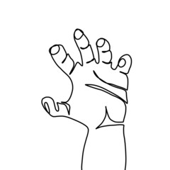 Schematic representation of a human hand. Give me five. An icon with five fingers on a white background. Illustration of a hand in the style: One line.