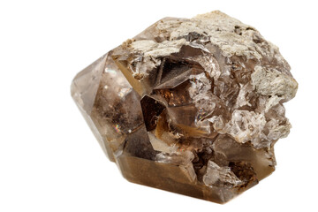 Macro mineral stone smoky quartz on a white background