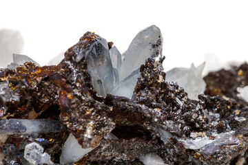Macro mineral stone Drusus quartz with sphalerite in the rock a white background