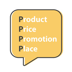 PPPP marketing mix; product, price, promotion, place written in speech bubble- vector illustration