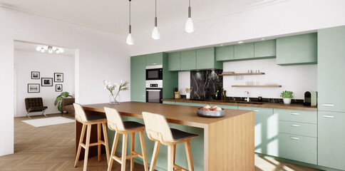 vue 3d cuisine verte avec îlot central