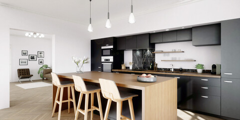 vue 3d cuisine noire avec îlot central