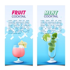 Banners with cocktails. Vector illustration of realistic glasses with fruit and mint cocktails on a blue background.