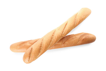 Tasty baguettes on white background, top view. Fresh bread